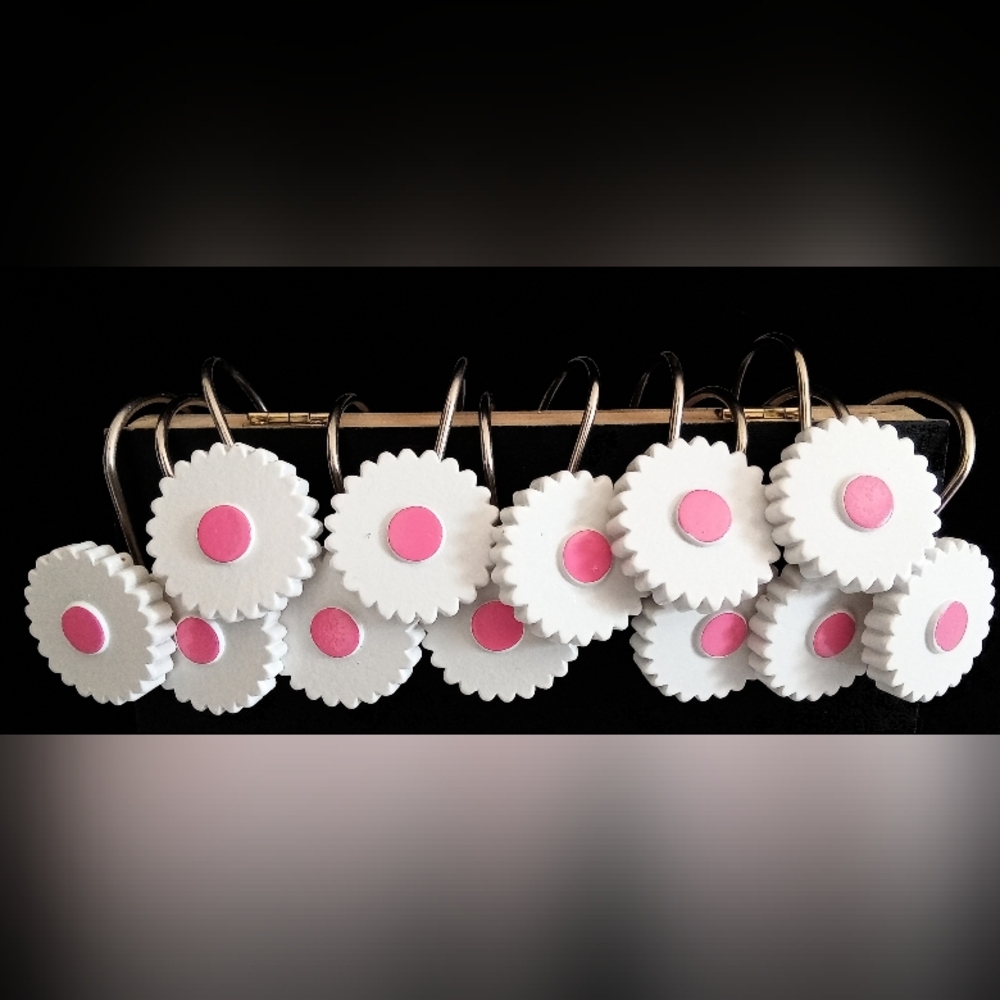 Set 12 Shower Curtain Hooks Hangers Cute Adorable Pink White Flowers Silver